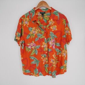 Lauren Ralph Lauren Button-Up Womens 1X Orange Floral Linen Short Sleeve
